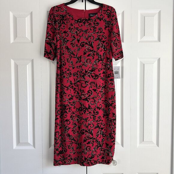 RN Studio Dress Size 6 Red Black Scroll Print Sheath Short Sleeve Holiday Party - Picture 1 of 11